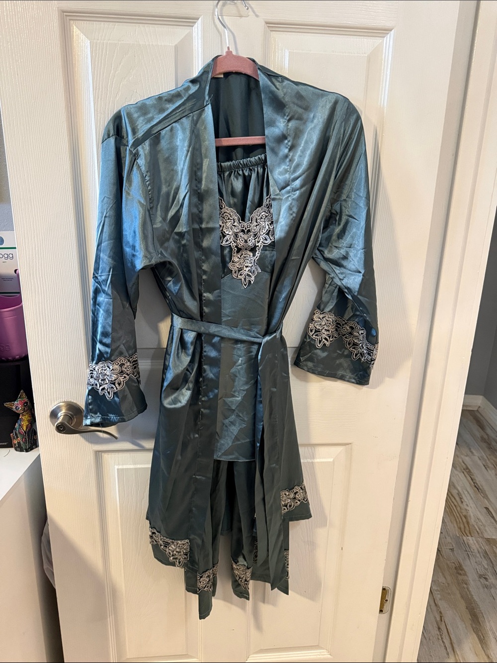 Satin Lace-Trim Robe, Chemise, and babydoll Set - Steel Blue